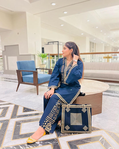 Lawn 2Pcs Suit Set With Hand Bag
