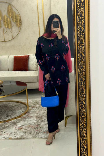 Black Blossom Printed 3Pc Suit